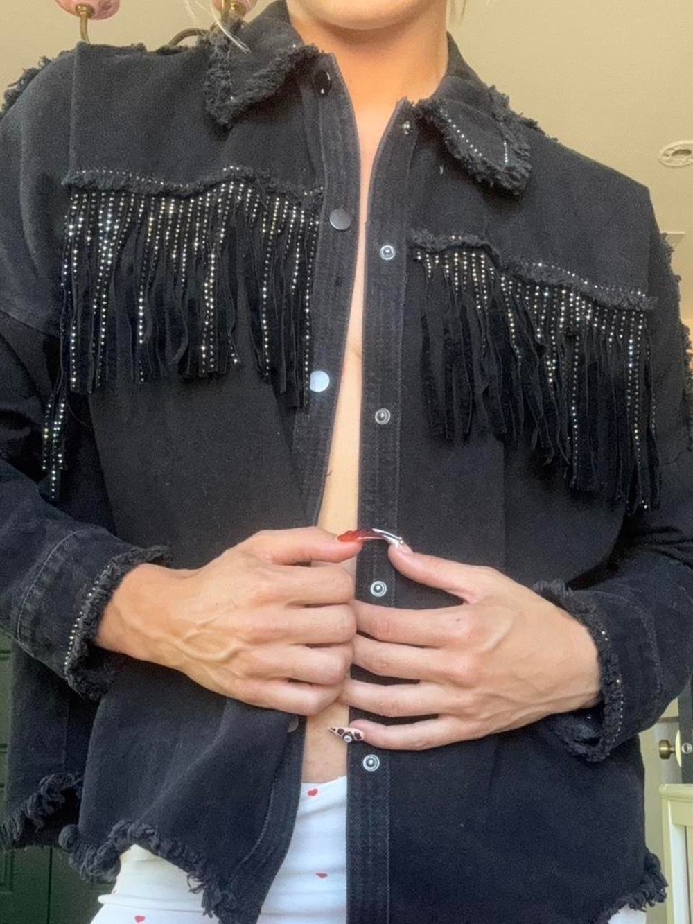 Zara Black Fringed Snap-Front Shirt Jacket